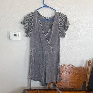 Caution To The Wind Black & White Striped Faux-Wrap Romper